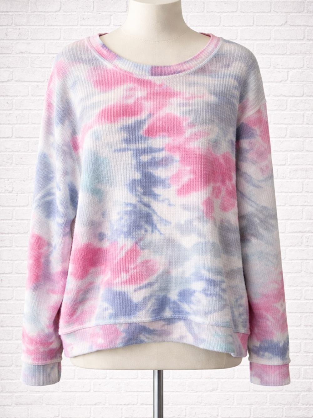 Secret Treasures Pink, Lavender & White Tie-Dye Waffle Knit Pullover